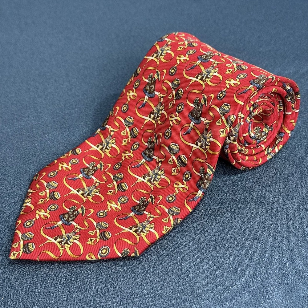 Kieselstein-Cord Silk Tie Red Medieval Musical Instruments Made Italy 4" Luxury